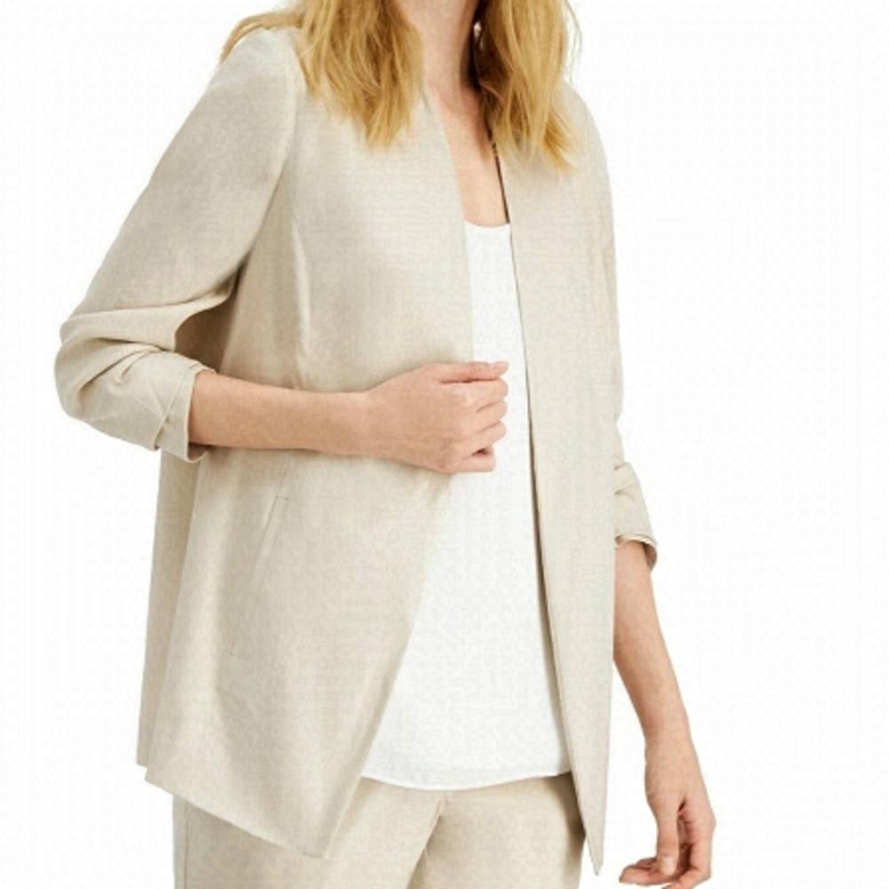 𝅺NEW Alfani Beige Ruched Sleeves  Linen-blend Open Blazer US S